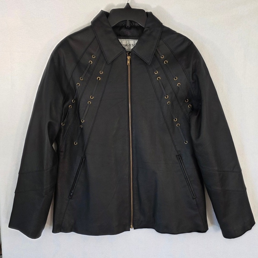 Monroe & Main Leather Jacket XL Black Grommet Lace Up Western Biker Zip Coat